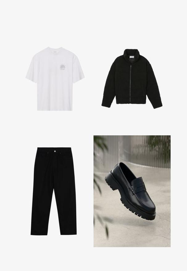 Černá umělá kožešinová bunda s vysokým límcem, zipovým uzávěrem, elastickými manžetami a prošívaným designem. Obsahuje postranní kapsy a jemnou texturu.; Bílý bavlněný tričko s krátkým rukávem, s černou grafikou slunce na levé části hrudníku a textem "NAVIGATE THE COSMOS" pod ním.; Černé džíny s rovně střiženými nohavicemi, designem pěti kapes a předním zapínáním na knoflík. Hladký povrch s minimem švových detailů.; Černé kožené mokasíny s robustní podrážkou, s ozdobným páskem a detailem prošívání. Hladký povrch s lesklým finišem.