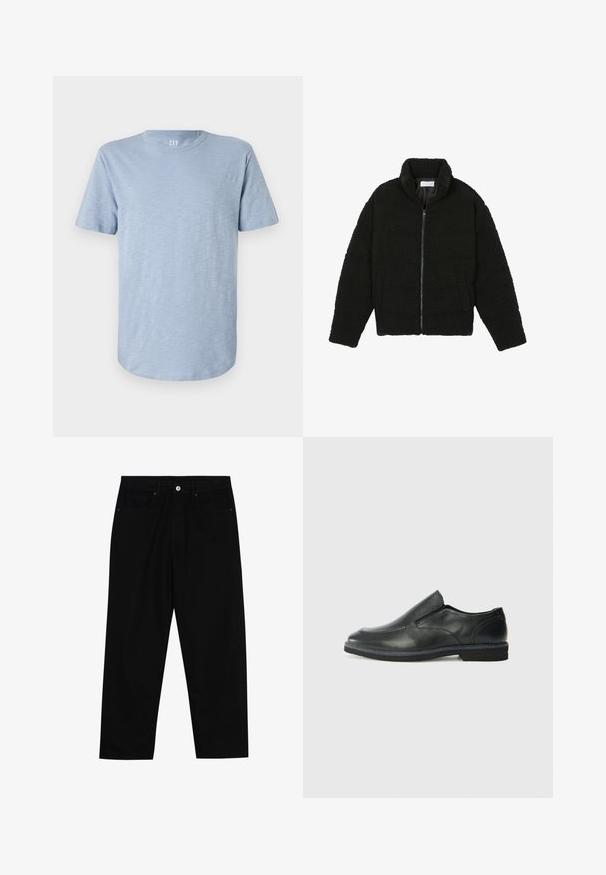 Svart fuskepelsjakke med høy krage, glidelås, elastiske mansjetter og quiltet design. Har sidelommer og en myk tekstur.; Lyseblå kortermet T-skjorte laget av myk stoff, med rund hals og rett nederkant med en subtil tekstur.; Sorte denimbukser med rett benklipp, fem-lomme design og frontknappåpning. Jevn tekstur med minimale sømdetaljer.; Sorte skinn slip-on sko med en jevn overflate, stikking detaljer, rund tå og en lav gummihæl. Sålen har minimal mønstring.
