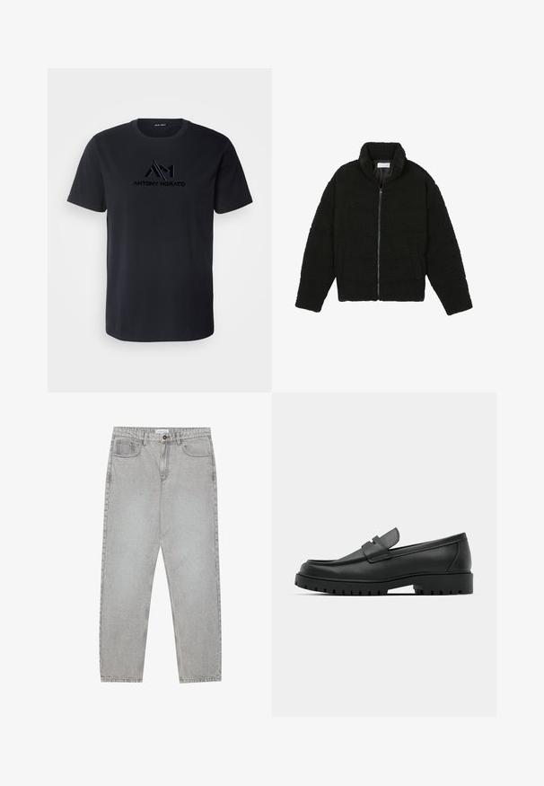 Chaqueta de pelaje sintético negro con cuello alto, cierre de cremallera, puños elásticos y un diseño acolchado. Cuenta con bolsillos laterales y una textura suave.; Antony Morato REGULAR FIT WITH FLOCK AND MATT LOGO - Camiseta estampada - ink blue; Pantalones de mezclilla gris claro con un diseño de pierna recta, estilo de cinco bolsillos y cierre de botón. Costuras visibles a lo largo de las costuras.; Mocasines de cuero negro con punta redonda, que cuentan con un diseño cosido, suela de plataforma baja y una suela de goma texturada y con tacos.