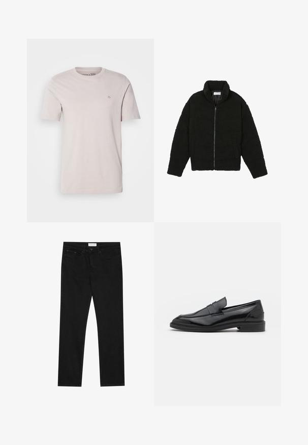 Veste en fausse fourrure noire avec un col haut, fermeture éclair, poignets élastiques et un design matelassé. Elle possède des poches latérales et une texture douce.; T-shirt en coton beige clair avec un col rond, des manches courtes et un petit logo sur la poitrine. Texture lisse, coupe décontractée.; Jean droit noir avec un design à cinq poches, fermeture à bouton et zip, et une étiquette de marque Pier One sur la taille.; Mocassins en cuir noir avec une finition lisse, dotés d'un bout arrondi et d'une bande étroite sur le dessus. Talon bas empilé.