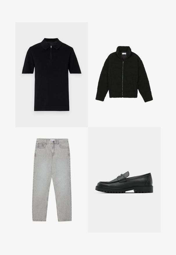 Juoda dirbtinė kailio striukė su aukštu apykakle, užtrauktuku, elastingomis rankovėmis ir siuvinėtu raštu. Su šoninėmis kišenėmis ir švelnia tekstūra.; Juodas trumpomis rankovėmis polo marškinėliai, pagaminti iš lygios medžiagos, su užtrauktuku apykakle ir tiesiu kraštu. Paprastas ir minimalus dizainas.; Šviesiai pilki džinsai su tiesiu kirpimu, penkiais kišenėmis ir mygtuko uždarymu. Matoma siuvimo linija palei siūles.; Juodi odiniai loaferiai su apvalia nosimi, su siuvinėtu dizainu, žemu platformos padu ir tekstūruotu, sukibimo raštu padu.