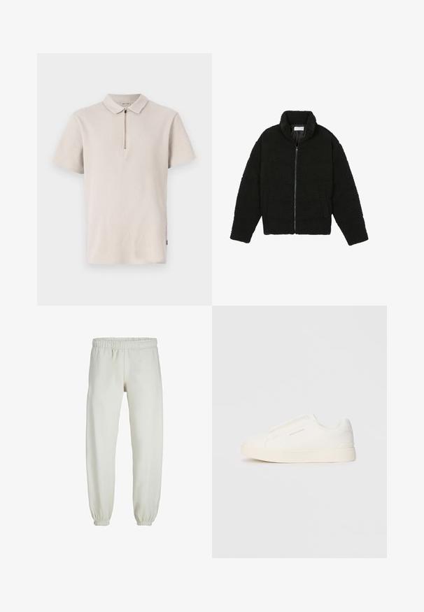 Černá umělá kožešinová bunda s vysokým límcem, zipovým uzávěrem, elastickými manžetami a prošívaným designem. Obsahuje postranní kapsy a jemnou texturu.; Světlý béžový polokošile s krátkým rukávem a zipovým límcem, texturovaná tkanina a boční rozparek. Obsahuje jemný žebrovaný vzor.; Bílé tepláky vyrobené z měkkého materiálu, s elastickým pasem a manžetami, s hladkou texturou a volným střihem.; Bílé slip-on tenisky s texturovaným povrchem, silnou podešví a minimalistickým designem. Na boku je umístěno logo značky.