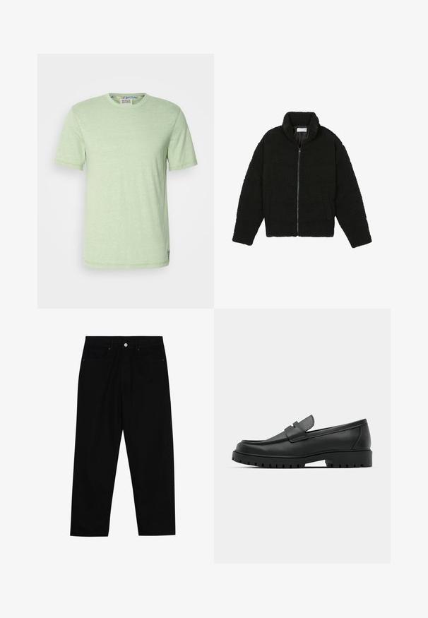 Giacca in pelliccia sintetica nera con colletto alto, chiusura con zip, polsini elasticizzati e design trapuntato. Presenta tasche laterali e una consistenza morbida.; T-shirt verde chiaro a maniche corte realizzato in un tessuto morbido. Presenta un collo rotondo e una sottile trama melangiata. Etichetta visibile all'interno del collo.; Pantaloni in denim nero con taglio dritto, design a cinque tasche e chiusura frontale con bottone. Tessuto liscio con dettagli di cucitura minimi.; Mocassini in pelle nera con punta rotonda, caratterizzati da un design cucito, suola piatta bassa e un battistrada in gomma testurizzata e scolpita.