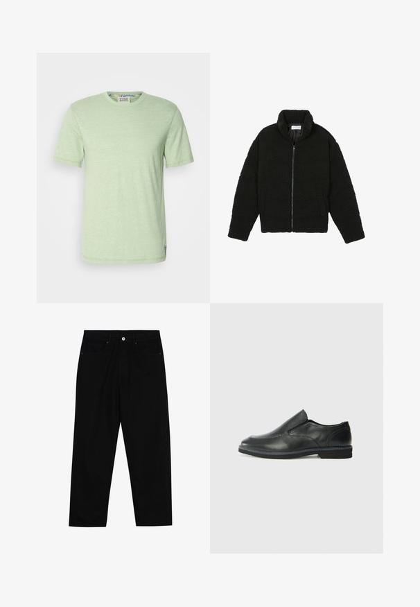 Musta tekokarvalehtijakku korkean kauluksen, vetoketjun, joustavat hihansuut ja tilkkutäkkikuvion. Sisältää sivutaskut ja pehmeän pinnan.; Vaaleanvihreä lyhythihainen t-paita, joka on valmistettu pehmeästä kankaasta. Ominaisuuksina pyöreä kaula-aukko ja hillitty heather-kangastyyli. Tägi näkyvissä kauluksessa.; Mustat farkut suoraan lahkeella, viisi taskua ja etunappikiinnitys. Sileä rakenne, jossa on vain vähäisiä ompelualueita.; Musta nahkainen liukujalkine, jossa on sileä pinta, ommeltuja yksityiskohtia, pyöristetty kärki ja matala kumipohja. Pohjassa on minimaalinen pito.