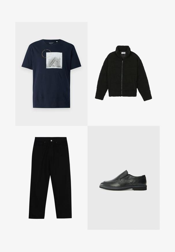 Must must karusnahast jakk kõrge kraega, lukuga sulgemine, elastsed varrukad ja tikandmuster. Omab küljetaskuid ja pehmet tekstuuri.; Tume sinine puuvillane T-särk, millel on ruudukujuline graafika treppidest koos käsipuuga ja ringikujuline tekstidetail, ümmargune kaelus ja lühikesed varrukad.; Mustadest denimist püksid, millel on sirge jalg, viie tasku disain ja eesnupuga sulgur. Sile tekstuur koos minimaalsete õmblustega.; Must musta laia suuga king, millel on sile ülemine osa, õmmeldud detailid, ümmargune nina ja madal kummist konts. Tallal on minimaalne mustr.