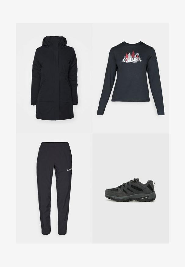 Svart vanntett jakke med høy krage og hette. Har to sidelommer og rett snitt, laget av et teksturert stoff.; Langermet mørkegrå skjorte med grafikk av røde trær og fjell; "COLUMBIA" logo i fet hvit tekst. Mykt stoff, standard rund hals.; Svarte treningsbukser laget av lett, elastisk materiale med elastisk midjebånd og sidelommer med glidelås. Har hvitt logo på låret.; Columbia REDMOND - Fjellsko - black/citron haze