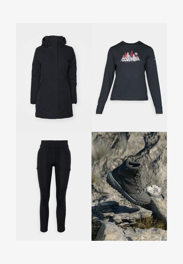 Juodas vandeniui atsparus švarkas su aukštu apykakle ir gobtuvu. Turi dvi šonines kišenes ir tiesų kirpimą, pagamintas iš tekstūruotos medžiagos.; Ilga rankovė tamsiai pilka marškinėliai su raudonų medžių ir kalnų grafika; drąsaus baltos spalvos teksto "COLUMBIA" logotipas. Minkšta medžiaga, standartinis apvalus kaklas.; Juodos leggingai su aukštu liemeniu, turinčiais kontrastingas panele, kišenių detales ir lygią, tampančią tekstūrą. Tinkami aktyviai veiklai.; Tamsiai pilki žygio batai, pagaminti iš sintetinės medžiagos, su paminkštintu apykakle, metaliniais akmenukais ir tekstūruotu guminio pado paviršiumi, užtikrinančiu sukibimą.