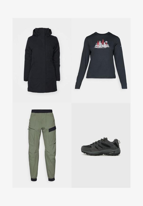Juodas vandeniui atsparus švarkas su aukštu apykakle ir gobtuvu. Turi dvi šonines kišenes ir tiesų kirpimą, pagamintas iš tekstūruotos medžiagos.; Ilga rankovė tamsiai pilka marškinėliai su raudonų medžių ir kalnų grafika; drąsaus baltos spalvos teksto "COLUMBIA" logotipas. Minkšta medžiaga, standartinis apvalus kaklas.; Šviesiai alyvinių cargo kelnės su juodu elastiniu juosmeniu, dviem didelėmis šoninėmis kišenėmis ir elegantiška, vandeniui atsparia medžiaga.; Columbia REDMOND - Turistiniai batai - black/citron haze