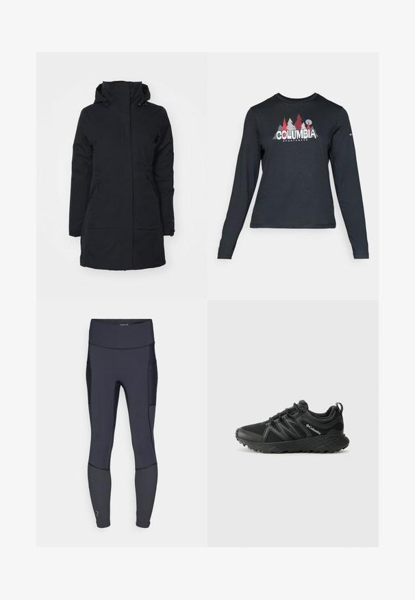 Melna ūdensnecaurlaidīga jaka ar augstu apkakli un kapuci. Iekļauj divas sānu kabatas un taisnu griezumu, izgatavota no teksturētas auduma.; Tumšs pelēks krekls ar garām piedurknēm, ar grafiku, kurā attēloti sarkani koki un kalni; "COLUMBIA" logo treknā baltā tekstā. Mīksta auduma, standarta apaļa kakla izgriezums.; Jūras zilas sporta legingi, izgatavoti no elastīga materiāla, ar augstu jostas vietu, sānu kabatu un kontrastējošiem dūrieniem. Gluda tekstūra.; Columbia PEAKFREAK - Pārgājienu apavi - black