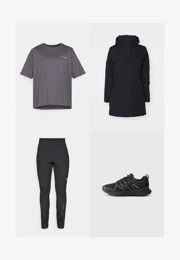 Must kuning veekindel jakk kõrge krae ja kapuutsiga. Omab kahte kül pocketit ja sirget lõiget, valmistatud tekstureeritud kangast.; Lühikeste varrukatega hall T-särk, mis on valmistatud siledast kangast. Omab ümarat kaelust ja väikest logo trükituna rinnal.; Mustad mustad outdoor püksid, millel on sobiv disain, vastupidav kangas, peegeldavad aktsendid ja paneelõmblused, et suurendada liikuvust ja mugavust.; Columbia PEAKFREAK - Matkajalatsid - black