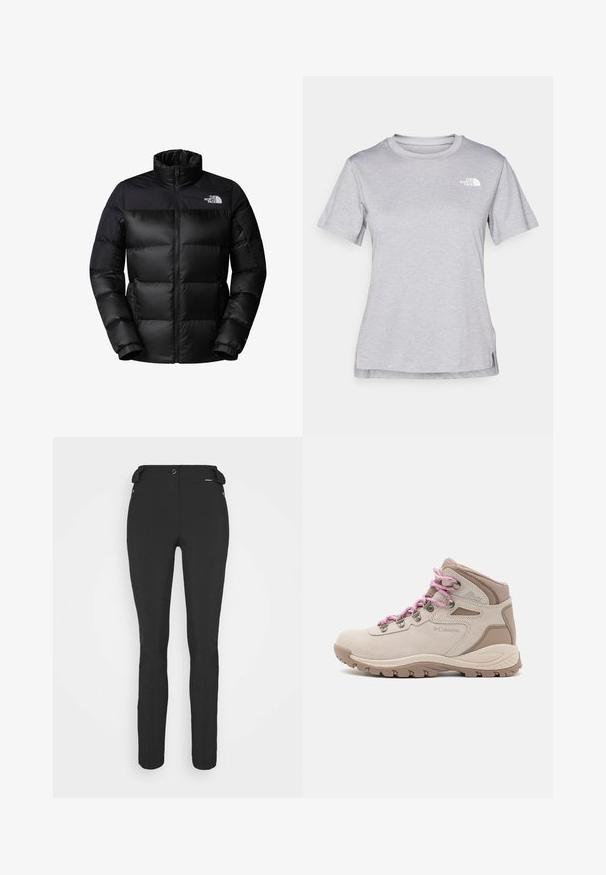 Čierna páperová bunda so zipsom vpredu, vysokým golierom a rebrovanými manžetami. Disponuje matným povrchom a logom na hornej ľavej strane.; Sivý tričko s krátkym rukávom vyrobené z jemného, vlhkosť odvádzajúceho materiálu. Obsahuje okrúhly výstrih a malé biele logo na hornej ľavej strane.; Čierne, priliehavé nohavice vyrobené z flexibilného materiálu. Medzi vlastnosti patrí zipsová bočná vrecko, tvarované kolená a hladký povrch.; Bežová turistická obuv s ružovými šnúrkami, zvršok z semišu a syntetického materiálu, stredne vysoký dizajn, gumová podrážka s protišmykovými vzormi a polstrovaný golier.
