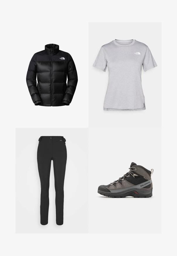Giubbotto imbottito nero con chiusura a zip frontale, colletto alto e polsini a coste. Presenta una finitura opaca e un logo sul lato sinistro superiore.; T-shirt grigio a maniche corte realizzato in morbido tessuto traspirante. Presenta un collo tondo e un piccolo logo bianco nella parte superiore sinistra.; Pantaloni neri aderenti realizzati in materiale flessibile. Presentano una tasca laterale con zip, ginocchia articolate e una texture liscia.; Scarponcino da trekking di altezza media grigio e nero con suola spessa, lacci a motivo, logo "Salomon" e etichetta Gore-Tex, mostrato dal lato esterno.