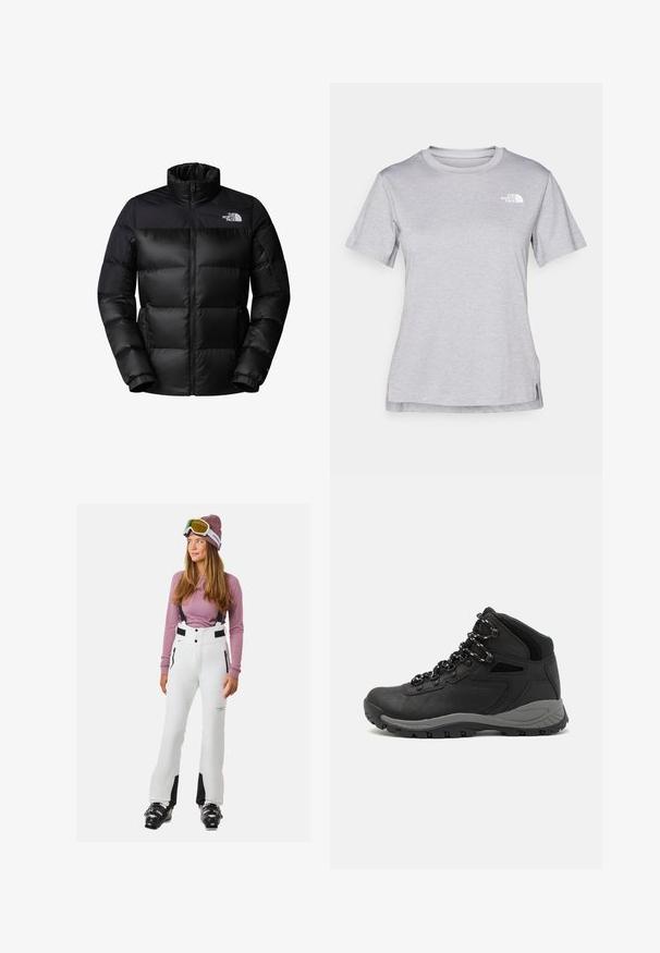Czarna kurtka puchowa z zamkiem błyskawicznym z przodu, wysokim kołnierzem i ściągaczami przy mankietach. Posiada matowe wykończenie i logo w górnym lewym rogu.; Szara, krótkozasięgowa koszulka wykonana z miękkiego, odprowadzającego wilgoć materiału. Posiada okrągły dekolt oraz małe białe logo w górnym lewym rogu.; Białe spodnie śniegowe z czarnymi akcentami, regulowane ramiączka i kieszenie zapinane na zamek. W zestawie z jasnofioletową bluzą z długim rękawem i goglami narciarskimi.; Czarne buty trekkingowe z średnim cholewem, z teksturowaną cholewą, szarymi akcentami oraz trwałą gumową podeszwą z wypustkami zapewniającymi przyczepność.