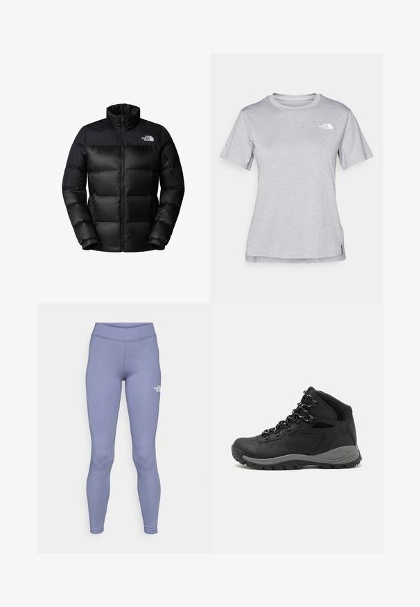 Zwarte pufferjack met een ritssluiting aan de voorkant, hoge kraag en ribgebreide manchetten. Heeft een matte afwerking en een logo aan de bovenlinkerzijde.; Grijze T-shirt met korte mouwen, gemaakt van zachte, vochtabsorberende stof. Heeft een ronde hals en een klein wit logo op de bovenste linkerzijde.; Blauwe sportleggings van zacht, rekbaar materiaal. Heeft een hoge tailleband en een klein wit logo op de linker bovenbeen.; Zwarte wandelschoen met een mid-top ontwerp, voorzien van een gestructureerde bovenkant, grijze accenten en een duurzame rubberen zool met gripnoppen.