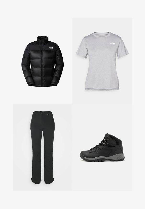 Chaqueta acolchada negra con cierre frontal, cuello alto y puños acanalados. Presenta un acabado mate y un logotipo en la parte superior izquierda.; Camiseta gris de manga corta hecha de una suave tela que absorbe la humedad. Presenta un cuello redondo y un pequeño logotipo blanco en la parte superior izquierda.; Pantalones negros de tela elástica, con un ajuste slim, cintura plana, bolsillos con cremallera y puños elásticos en los tobillos.; Bota de senderismo negra con un diseño de medio caña, que cuenta con una parte superior texturizada, acentos grises y una suela de goma duradera con tacos de tracción.