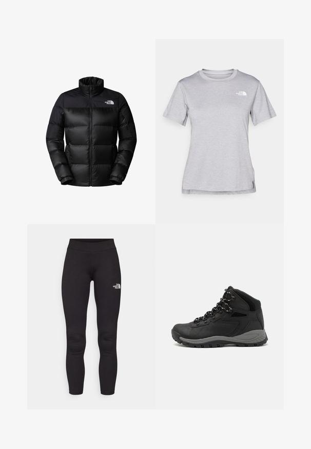 Casaco puffer preto com fecho frontal, gola alta e punhos canelados. Apresenta um acabamento mate e um logotipo na parte superior esquerda.; T-shirt cinza de mangas curtas feito de um tecido suave e que absorve a humidade. Apresenta um decote redondo e um pequeno logotipo branco na parte superior esquerda.; Leggings atléticas pretas feitas de tecido elástico. Apresentam uma cintura alta e um pequeno logótipo branco na coxa esquerda. Textura suave.; Bota de caminhada preta com design de cano médio, apresentando um upper texturizado, detalhes cinzentos e sola de borracha durável com cravos de tração.
