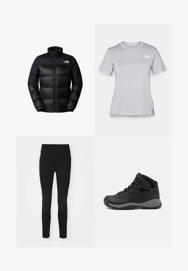 Black puffer jacket with a zip-up front, high collar, and ribbed cuffs. Features a matte finish and a logo on the upper left side.; Grey short-sleeve t-shirt made of soft, moisture-wicking fabric. Features a crew neck and a small white logo on the upper left.; Black athletic leggings with a smooth texture, featuring zippered pockets and panel accents on the knees, designed for comfort and flexibility.; Black hiking boot with a mid-top design, featuring a textured upper, gray accents, and durable rubber sole with traction lugs.