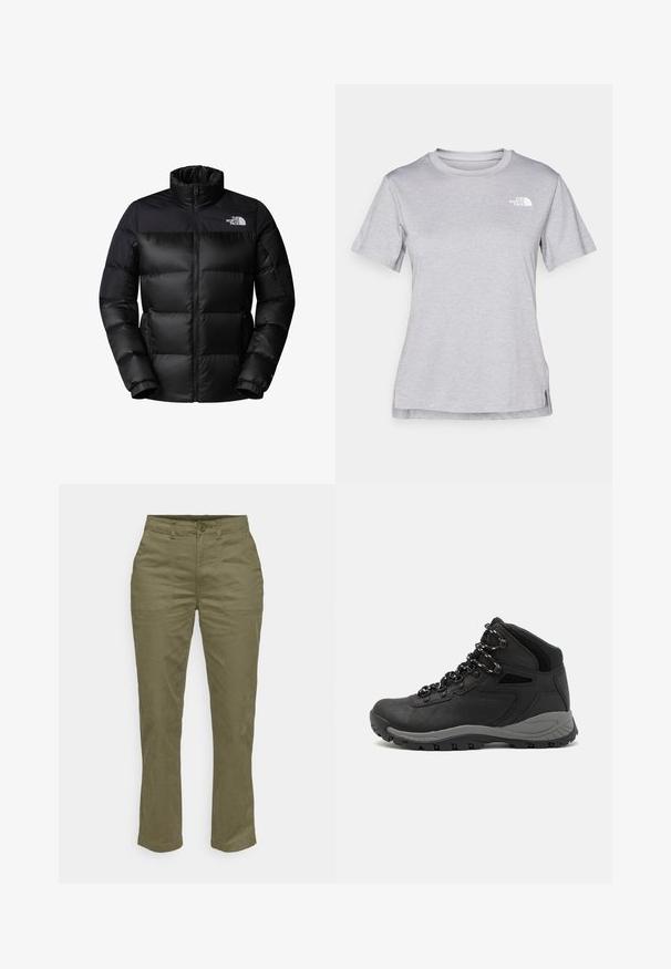 Black puffer jacket with a zip-up front, high collar, and ribbed cuffs. Features a matte finish and a logo on the upper left side.; Grey short-sleeve t-shirt made of soft, moisture-wicking fabric. Features a crew neck and a small white logo on the upper left.; Olive green cotton pants with a straight leg design, featuring a front button closure, two side pockets, and reinforced seams.; Black hiking boot with a mid-top design, featuring a textured upper, gray accents, and durable rubber sole with traction lugs.