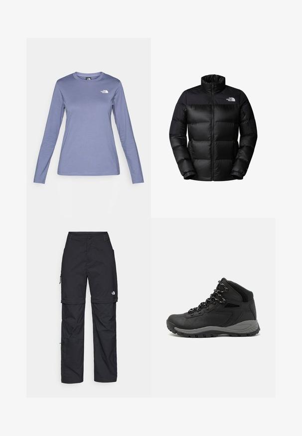 Svart pufferjakke med glidelås foran, høy krage og ribbestrikkede mansjetter. Har en matt finish og en logo på den øvre venstre siden.; Langermet skjorte i lys lilla stoff, med rund hals og The North Face-logo i hvitt på venstre bryst. Glatt tekstur, uformell passform.; Svarte nylon cargo-bukser med glidelås og justerbare mansjetter, flere lommer og en logo på høyre bein. Glatt, lett tekstur.; Sorte turstøvler med mid-topp design, som har en teksturert overdel, grå detaljer og slitesterk gummisåle med godt grep.