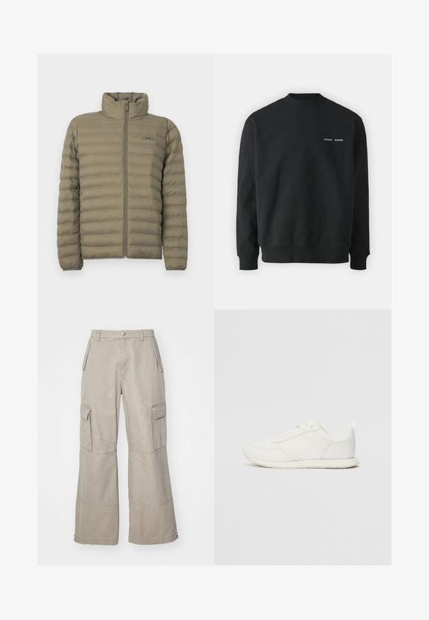 Padded jacket w kolorze oliwkowym, z wysokim kołnierzem, pełnym zamkiem z przodu i poziomym pikowaniem. Widoczna etykieta marki na klatce piersiowej.; Czarna bluza z okrągłym dekoltem, z prążkowanymi mankietami i dolną krawędzią. Posiada małe białe logo na lewej piersi. Wykonana z miękkiego materiału.; Beżowe spodnie cargo wykonane z mieszanki bawełny, z szerokimi nogawkami, wieloma bocznymi kieszeniami i subtelnymi detalami przeszycia.; Białe trampki z siateczkową i syntetyczną cholewką, okrągłym noskiem, płaskimi sznurowadłami oraz teksturowanym paskiem bocznym. Gumowa podeszwa z pętelką z tyłu.