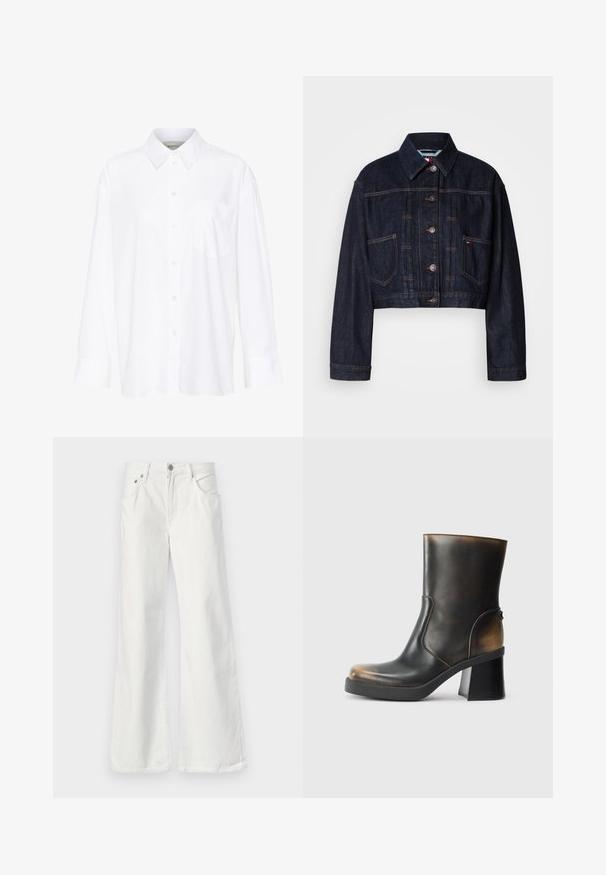 Mørkeblå cropped denimjakke med knappelukking, to frontlommer og kontraststing. Har klassisk krage og lange ermer.; Hvit langermet skjorte med krage laget av bomull. Den har en knappestolpe foran og en enkelt brystlomme. Glatt tekstur og avslappet passform.; Hvite denimflare jeans med høy midje, fem-lomme-design og synlig søm. Har metallknapp og glidelås-lukking.; Svarte lær ankelstøvletter med høyglansfinish, rund tå, kontrasterende brune detaljer, blokkhems og en sideglidelås.