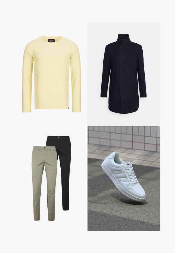 Námornícke vlnené kabát s vysokým golierom, strihom na mieru, dlhými rukávmi a bočnými vreckami. Hladká textúra a minimalistický štýl.; Žltý pletený sveter s dlhými rukávmi a kulatým výstrihom, textúrovaná tkanina a malá logo nálepka na spodnom leme. Rovný strih, bez vzorov.; Dva páry slim-fit nohavíc: jedny z svetlého béžového bavlneného materiálu s gombíkovým detailom, druhé z čiernej bavlny, oba s bočnými vreckami.; Biele atletické tenisky s hladkým koženým zvrškom, šnurovaním vpredu, perforovanou špičkou a vzorovanou podrážkou. Minimalistický dizajn s tromi bočnými pruhmi.