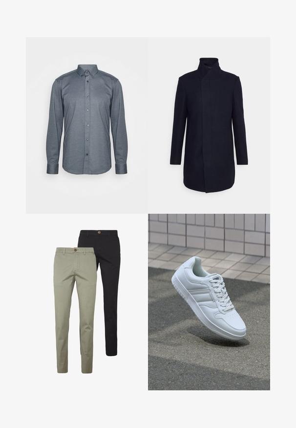 Cappotto in misto lana blu navy con colletto alto, design sartoriale, maniche lunghe e tasche laterali. Texture liscia e stile minimalista.; Camicia button-up a maniche lunghe in tessuto grigio scuro, con colletto, bottoni frontali e polsini. Texture liscia con un design aderente.; Due coppie di pantaloni slim-fit: una in cotone beige chiaro con un dettaglio a bottone, l'altra in cotone nero solido, entrambe con tasche laterali.; Sneaker sportivo bianco con tomaia in pelle liscia, chiusura con lacci, punta perforata e suola decorata. Design minimalista con tre strisce laterali.