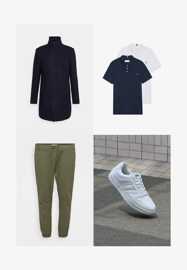 Marineblå uldblandingsfrakke med høj krave, skræddersyet design, lange ærmer og sidelommer. Glat tekstur og minimalistisk stil.; To polo skjorter: en marineblå og en hvid, begge med en lille rød, hvid og blå detalje på brystlommen og kraven.; Olivenfarvede, letvægts tapered bukser med elastisk talje, justerbar snøre og elastiske manchetter ved anklerne. Glat tekstur.; Hvide atletiske sneakers med glat læderoverdel, snørelukning foran, perforeret tå og mønstret sål. Minimalistisk design med tre sidelister.