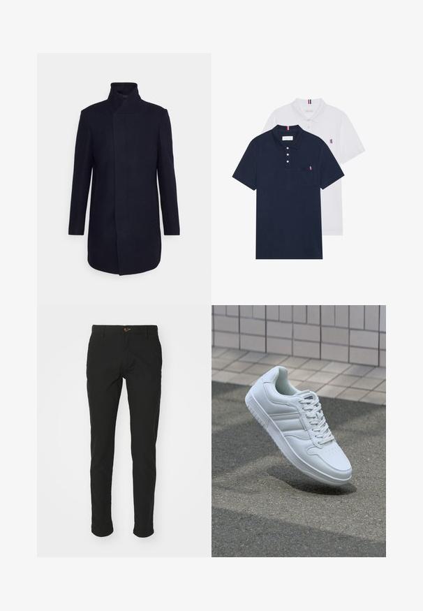 Tumedast villasegist koonus kõrge kaelusega, tõsise kujundusega, pikkade varrukatega ja küljetoetega. Sile tekstuur ja minimalistlik stiil.; Kaks polo särki: üks tumesinine ja üks valge, mõlemal on rinnataskul ja krael väike punase, valge ja sinise aktsent.; Mustast puuvilla segust kangast valmistatud chinos, slim fit disain, millel on pruun nupp kinnitamiseks, kaks külgtaskut ja mansetid.; Valge spordijalanõud silederja nahkvarrega, ninast paeltega, perforatsiooni tõttu ventilatsiooniga ning mustrilise tallaga. Minimalistlik disain, millel on kolm külgmist triipu.