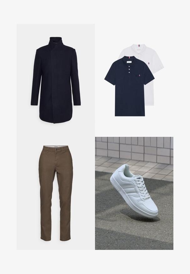 Mornarsko modri plašč iz volnene mešanice z visokim ovratnikom, prilagojeno zasnovo, dolgimi rokavi in stranskimi žepi. Gladka tekstura in minimalističen slog.; Dve polo majice: ena mornarsko modra in ena bela, obe z majhnim rdečim, belim in modrim poudarjanjem na žepu in ovratniku.; Jack & Jones JPSTMARCO JJDAVE NOOS - Hlače chino - wren; Bela atletska teniska obutev z gladkim usnjenim zgornjim delom, vezanjem spredaj, perforiranim prstom in vzorčastim podplatom. Minimalistična zasnova s tremi stranskimi črtami.