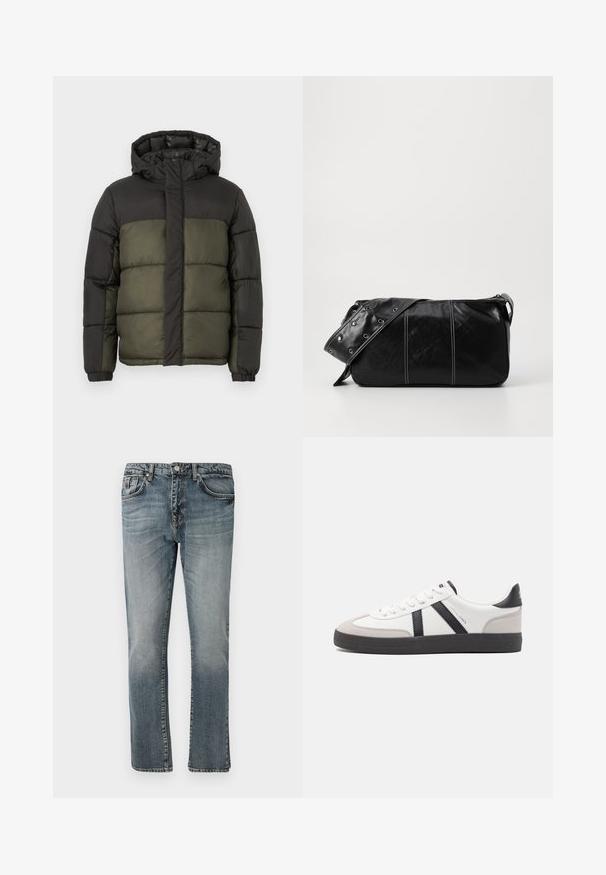 Schwarze und dunkelgrüne gepolsterte Winterjacke mit Kapuze, Frontreißverschluss, der von einer Klappe abgedeckt wird, und elastischen Bündchen an den Ärmeln.; Beiger Pullover mit Viertelreißverschluss aus weichem Strickstoff. Mit geripptem Kragen und Bündchen, einem lockeren Schnitt und nahtlosem Design.; Blaue Denim-Jeans mit geradem Bein-Design, ausgestattet mit einem klassischen Fünf-Taschen-Layout und einer lässigen Waschung für einen abgetragenen Look.; Weiße Sneaker mit schwarz- und grau-aczenten, ausgestattet mit einer strukturierten grauen Zehenkappe, schwarzer Gummi-Sohle und flachen weißen Schnürsenkeln. Sauberes Design, minimalistische Stil.; Schwarze Leder Schultertasche mit Reißverschluss, ausgestattet mit einer strukturierten Oberfläche, weißen Nähten und einem Tragegurt mit silbernen Ösen.