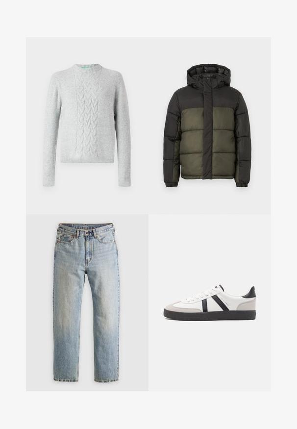 Musta ja tummanvihreä pehmeä talvitakki, jossa on huppu, etuvetoketju suojattu läpällä ja joustavat hihansuut.; Vaaleanharmaa neulepusero, jossa on palmikkoneulekuvio rinnassa, pyöreä kaula-aukko, pitkät hihat sekä ribbireunat hihoissa ja helmassa. Sujuva pinta, minimaalinen brändäys.; Vaaleansininen farkut, joissa on korkea vyötärö, etunappi, vetoketju ja viisi taskua, asetettu tasaisesti neutraalille taustalle.; Valkoiset lenkkarit mustilla ja harmailla yksityiskohdilla, joissa on teksturoitu harmaa kärki, musta kumipohja ja litteät valkoiset nauhat. Siisti muotoilu, minimalistinen tyyli.