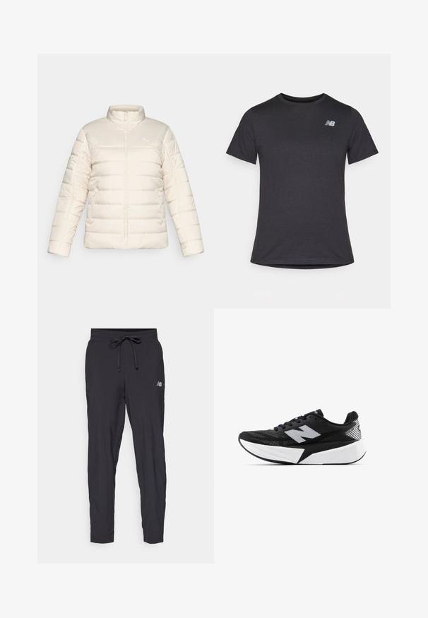 Chaqueta de plumas acolchada color crema con cremallera frontal completa, alto cuello, bolsillos con cremallera lateral y pequeño logo de Puma en el pecho.; Camiseta negra de manga corta hecha de una tela suave, con un pequeño logotipo gris de New Balance en la parte superior izquierda del pecho, diseño clásico de cuello redondo.; Pantalones de chándal negros hechos de un material ligero con una cinturilla elástica y cordón ajustable. Presenta un pequeño logo en el costado.; Zapatilla de running New Balance en blanco y negro con suela gruesa, parte superior de malla y logo "N" en el lateral, vista desde el lado exterior.