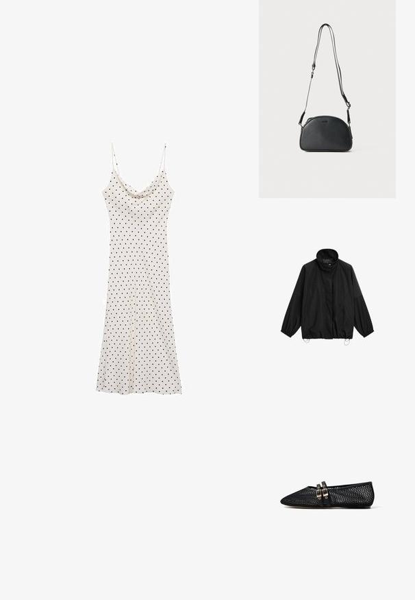 Zwarte lichtgewicht jas met hoge kraag, elastische manchetten en verstelbare koordjes aan de onderkant.; Mouwloze jurk van zacht, lichtgewicht materiaal; crèmekleurige achtergrond met zwarte stippen; gedrapeerde halslijn en vloeiende silhouet.; Zwarte mesh platte schoen met een puntige neus en twee dunne dubbele gespspatten over de wreef, weergegeven in zijprofiel op een witte achtergrond.; Zwarte leren schoudertas met een ronde vorm, twee verstelbare banden en een subtiel logo op de voorkant. Gestructureerde buitenkant, minimalistisch ontwerp.