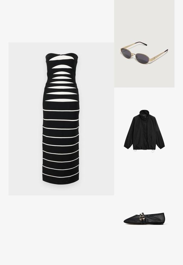 Schwarze, leichte Jacke mit hohem Kragen, elastischen Bündchen und verstellbaren Kordelzügen am Saum.; Hervé Léger THE CAMERON GOWN - Strickkleid - black; Schwarze Netzflatschuhe mit spitzer Zehe und zwei dünnen Doppelverschlüssen über dem Spann, seitlich auf weißem Hintergrund angezeigt.; Sonnenbrille mit goldfarbenem Metallrahmen und ovalen, dunklen Gläsern. Schlanke Bügel gehen in lila Spitzen über. Auffälliges Logo-Detail an der Seite.; Schwarze Leder-Umhängetasche mit runder Form, zwei verstellbaren Trägern und einem dezenten Logo auf der Vorderseite. Strukturierte Außenseite, minimalistisches Design.