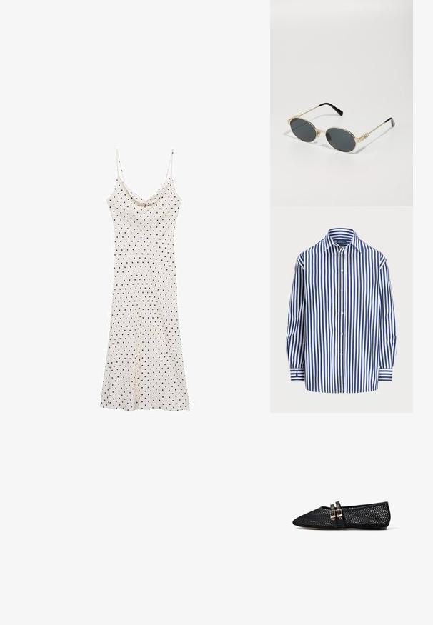 Black lightweight jacket with high collar, elastic cuffs, and adjustable drawstrings at the hem.; Striped shirt featuring vertical navy and white lines, a button-up front, and a classic collar. Long sleeves with button cuffs.; Sleeveless dress in soft, lightweight fabric; cream background with black polka dots; draped neckline and flowy silhouette.; Black mesh flat shoe with pointed toe and two thin double-buckle straps across the instep, shown in side profile on white background.; Gold metal sunglasses with oval lenses and dark tinted lenses. Black acetate tips on the arms. Brand name "QUAY" on the side.; Black leather crossbody bag with a rounded shape, two adjustable straps, and a subtle logo on the front. Textured exterior, minimalistic design.