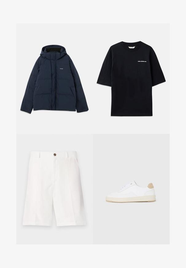 Kék, párnázott dzseki kapucnival, elülső cipzárral, két oldalsó zsebbel és egy kis logóval a mellrészen. Simább, vízlepergető anyag.; Fekete pamut póló rövid ujjakkal, kerek nyakkivágással és egy kis fehér "HOLZWEILER" logóval az elején, amely laza szabású.; Fehér bermuda short, könnyű anyagból, laza szabással, egy barna gombbal és elülső zsebekkel.; Fehér, alacsony szárú sportcipők textúrált bőr felsőrésszel, krémszínű bordás talppal és barna sarokdíszítéssel. Fehér fűzőkkel és logóval ellátott sarokkialakítással rendelkezik.