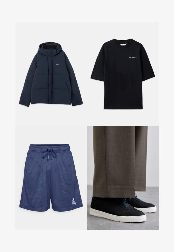 Jūras zili pufferi ar kapuci, ar priekšējo rāvējslēdzēju, divām sānu kabatām un mazu logo uz krūtīm. Gluda, ūdensizturīga audums.; Melna kokvilnas T-kreklu ar īsām piedurknēm, arapa kaklu un mazu baltu "HOLZWEILER" logo priekšpusē, ar brīvu piegriezumu.; Tums ziļas acs sporta šortus ar elastīgu jostu un virvi, uz kuriem ir maza balta grafika netālu no apakšmalas labajā kājā.; Melni zamšaini sporta apavi ar baltām gumijas zolēm, ar noapaļotu purngalu un auklām, valkāti ar pelēkiem piegrieztiem biksēm.