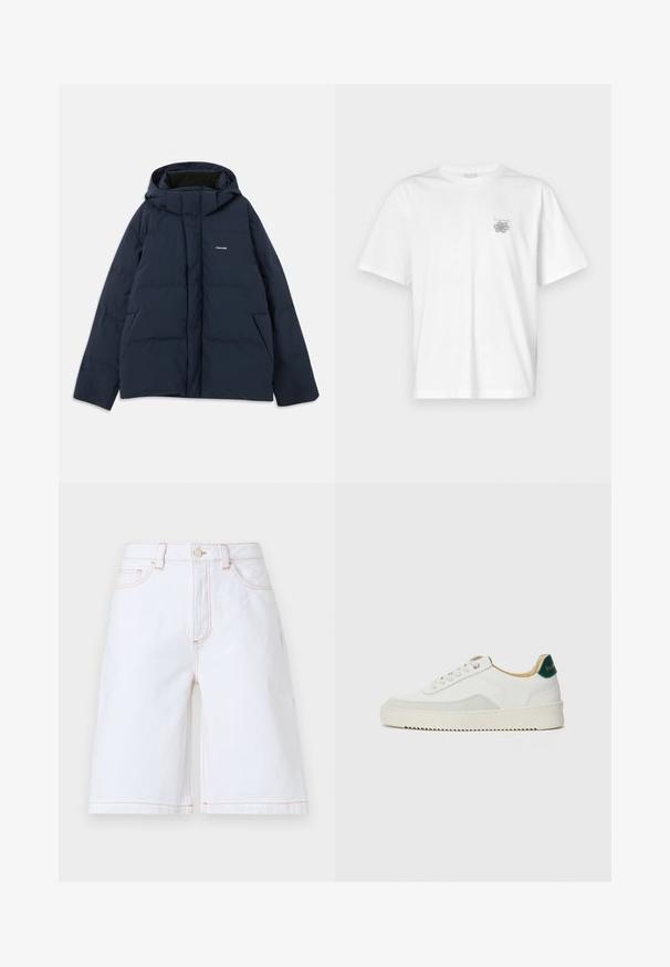 Giacca imbottita blu navy con cappuccio, dotata di zip frontale, due tasche laterali e un piccolo logo sul petto. Tessuto liscio e resistente all'acqua.; T-shirt bianca in cotone con maniche corte, colletto tondo e un piccolo logo grigio nella zona sinistra del petto. Texture liscia.; Bermuda in denim bianco con taglio dritto, cinque tasche e cuciture in contrasto color beige. Include una chiusura con bottone frontale e zip.; Sneaker bianco con accenti in camoscio, punta rotonda, lacci piatti e suola in gomma crema. Presenta un marchio verde sul tallone.