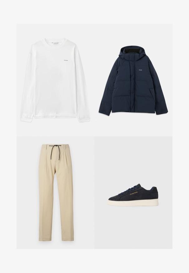Mornarsko modra podložena jakna s kapuco, z sprednjim zadrgo, dvema stranskima žepoma in majhnim logotipom na prsih. Gladka, vodoodporna tkanina.; Bela dolga majica iz bombaža. Ima okroglo ovratnik, rebraste manšete in majhen logotip "Holzweiler" na levi strani prsnega dela. Mehek material.; Bež hlače s ravnim krojem, z elastičnim pasom, plisejem na sprednji strani in gladko teksturo. Preprost, vsestranski dizajn.; Mornarsko modre semiš nizke superge z belim podplatom, mornarskimi vezalkami in z zlatim logotipom "Filling Pieces" na strani.