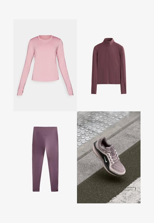 Burgunderfarbene Zip-Jacke mit hohem Kragen, langen Ärmeln, strukturiertem Stoff und zwei seitlichen Taschen. Taillierte Passform mit Nähten.; Langärmliges, pinkes Sportshirt aus glattem, leichtem Material mit Rundhalsausschnitt und dezentem Nike-Logo auf der Brust.; Lila Sportleggings mit hohem Bund, aus einem glatten, elastischen Material gefertigt. Verfügt über ein tailliertes Bein Design ohne sichtbare Nähte.; Hellblaues Sportschuh mit gestepptem Muster, schwarzen seitlichen Akzenten und weißem Logo. Verfügt über Schnürsenkel und eine gepolsterte Sohle für Komfort.