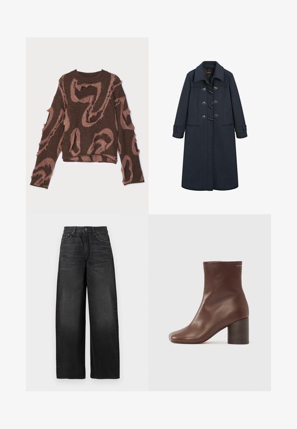 Cappotto lungo blu navy con ampio colletto, tre chiusure a toggle nere, due tasche laterali e cinturini sui polsini delle maniche.; Maglione marrone a maglia con un design testurizzato che presenta aree sfrangiate e un motivo rosa a vortice. Collo tondo e maniche lunghe.; Jeans neri a vita alta e gamba larga con sfumature sottili e una piccola lacerazione sulla parte superiore della coscia destra.; Stivaletti alla caviglia in pelle marrone con texture liscia, punta quadrata e tacco robusto in legno, dotati di una semplice cerniera lungo il lato.