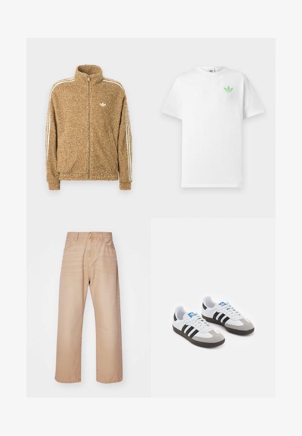 Brūna, pūkaina fliša jaka ar augstu apkakli, pilnu rāvējslēdzēju un baltām sānu svītrām. Izceļas ar mazu baltu logo uz krūtīm.; Balts kokvilnas T-krekls ar īsām piedurknēm, kuram ir neliels zaļš Adidas logo kreisajā krūtīs. Vienkāršs, klasiskas dizaina ar noapaļotu dekoltē.; Bēša plaša kāju džinsi ar augstu jostasvietu, pieci kabatas un metāla pogas aizdare. Izgatavoti no gludas tekstūras denima.; Sporta apavi ar balto ādas virsu, pelēku zamšādas purngalu un trim melnām svītrām. Iezīmē zilu logotipu uz mēles un teksturētu gumijas zoli.