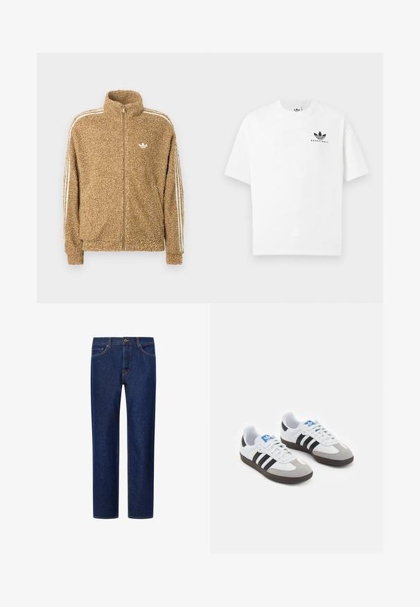 Smeđi, dlakavi flis jakna s visokim ovratnikom, punim zatvaranjem i bijelim bočnim trakama. Ima mali bijeli logo na prsima.; Bijela pamučna majica s kratkim rukavima, s crnim logotipom "BASKETBALL" i ikoničnim dizajnom s tri pruge sprijeda.; Tamno plave traperice ravnog kroja, sa zlatnim šavovima, prednjim džepovima i kopčom na dugme. Glatka tekstura i klasični dizajn.; Sportske cipele s gornjištem od bijele kože, sivi suedinasti nos i tri crne pruge. Imaju plavi logo na jeziku i teksturiranu gumenu podlogu.