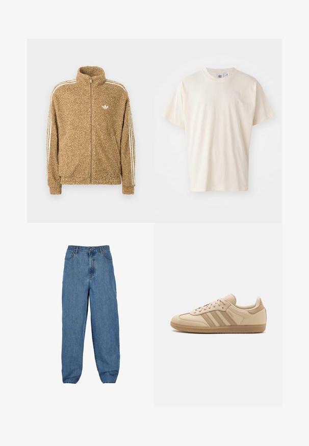 Rudas, purus vilnonis švarkas su aukšta apykakle, pilnu užtrauktuku ir baltais šonų dryžiais. Pridėtas mažas baltas logotipas ant krūtinės.; Kremo spalvos medvilnės marškinėliai su apvaliu iškirpimu ir trumpomis rankovėmis; ant krūtinės yra mažas, šviesios spalvos logotipas.; Šviesiai mėlynos džinsinės kelnės su aukštu liemeniu, plačiomis kojomis, penkių kišenių stiliumi ir sagos bei užtrauktuko uždarymu.; Šviesiai rudos spalvos odiniai sportbačiai su trimis horizontaliomis juostelėmis, apvaliu nosiu, plokščiu rudu guminiu padu ir minkštu audiniu apdailoje ant apykaklės ir liežuvėlio.