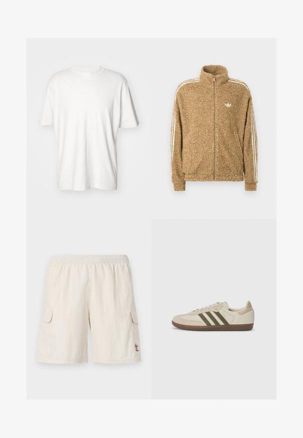 Brun, lodden fleecejakke med høy krage, hel glidelås og hvite sidestreker. Har et lite hvitt logo på brystet.; Abercrombie & Fitch VINTAGE CREAM - T-shirts - white sand; Beige cargo shorts med elastisk midje, to sidelommer, og en liten logo på nederste høyre side. Jevn, lett stoff.; adidas Originals SAMBA OG UNISEX - Joggesko - alumina/medium dark khaki/gum