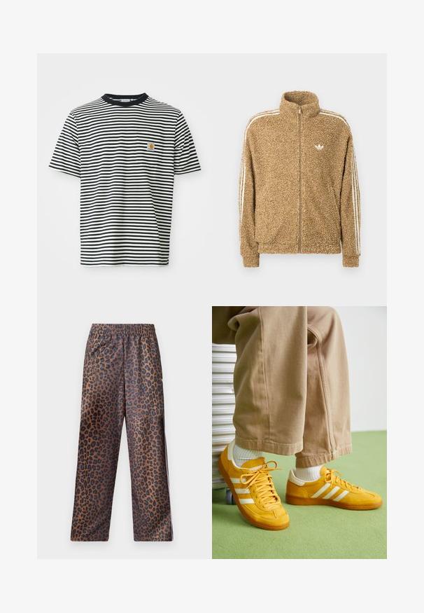 Brūna, pūkaina fliša jaka ar augstu apkakli, pilnu rāvējslēdzēju un baltām sānu svītrām. Izceļas ar mazu baltu logo uz krūtīm.; Melnbalts horizontāls svītrains īsām piedurknēm t-krekls ar mazu kabatu uz krūšu un oranžu Carhartt logu uzšuvumu.; Lāču raksta bikses ar elastīgu jostasvietu. Izgatavotas no spīdīga auduma, kurām ir brūna pamatne ar melniem plankumiem un brīvu piegriezumu.; Dzelteni zamšas kedšus ar baltām svītrām, ar gumijas zoli, auduma saitēm un mīkstu apkaklīti, kopā ar beigu kokvilnas biksēm.