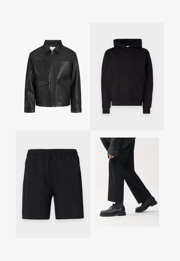 Black leather jacket with a collar, front zip closure, two large flap pockets, smooth texture, and structured fit.; Black hoodie made of soft fabric, featuring a kangaroo pocket, ribbed cuffs, and a drawstring hood. No patterns or logos visible.; Black swim shorts made of textured fabric, featuring an elastic waistband and side pockets, with a loose-fitting design.; Black leather shoes with a rounded toe, lace-up design, and thick, textured sole. Worn with tailored black trousers and a ribbed sweater.