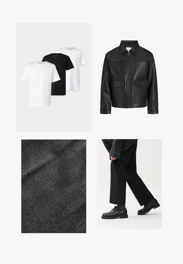 Schwarze Lederjacke mit Kragen, Frontreißverschluss, zwei großen Klappen Taschen, glatte Textur und strukturierte Passform.; Schwarzer gestrickter Pullover mit rundem Halsauschnitt, langen Ärmeln und einem gerippten Textur. Verfügt über einen geraden Saum und ein minimales Design.; Drei T-Shirts in Weiß, Schwarz und Weiß, mit kurzen Ärmeln, einem Rundhalsausschnitt und aus weichem, atmungsaktivem Baumwollstoff gefertigt.; Strukturierter schwarzer Stoff mit einer weichen, leicht glänzenden Oberfläche, die ein dezentes Webmuster und einen geschmeidigen Fall aufweist.; Schwarze Lederschuhe mit einer runden Spitze, Schnürdesign und dicker, strukturierter Sohle. Getragen mit maßgeschneiderten schwarzen Hosen und einem gerippten Pullover.