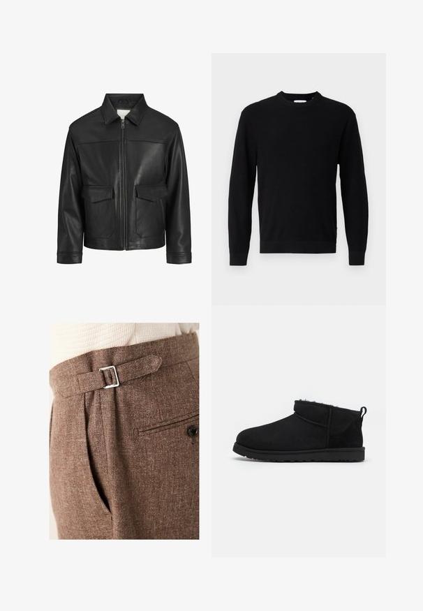 Svart läderjacka med krage, framsida med dragkedja, två stora framfickor, slät textur och strukturerad passform.; Svart stickad tröja med rund halsringning, långa ärmar och ribbstruktur. Har en rak nederkant och en minimalistisk design.; Bruna skräddarsydda byxor gjorda av texturerad tyg, med en silverspänne i midjan, veck och ett bakfack med knapp.; Svarta mocka ankelstövlar med en mjuk, texturerad foder, låg gummisula och en dragflik på baksidan för enkel påtagning.